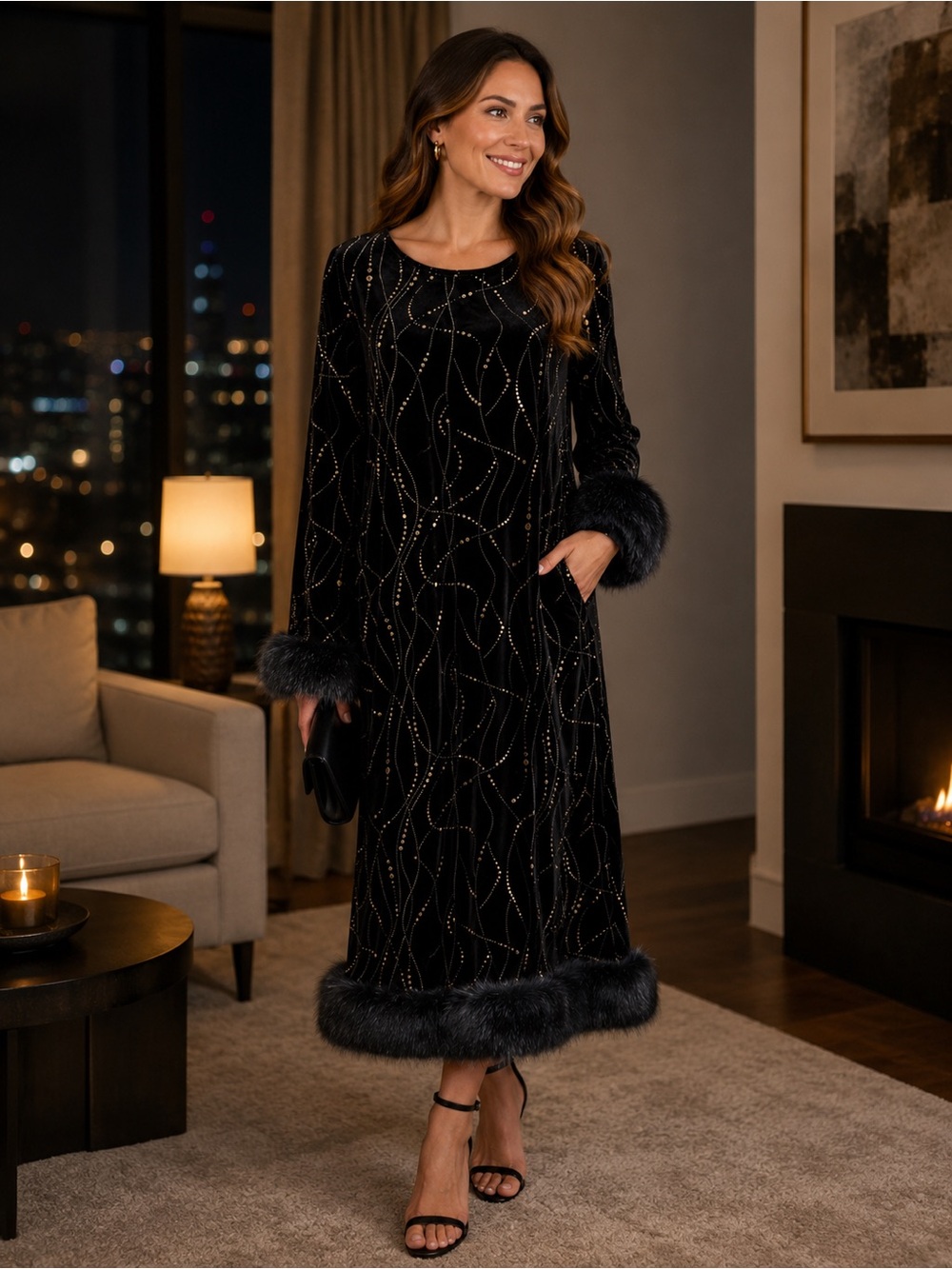 SHEIN Curve 2XL Black Velvet Gold Stud Faux Fur Trim Midi Dress